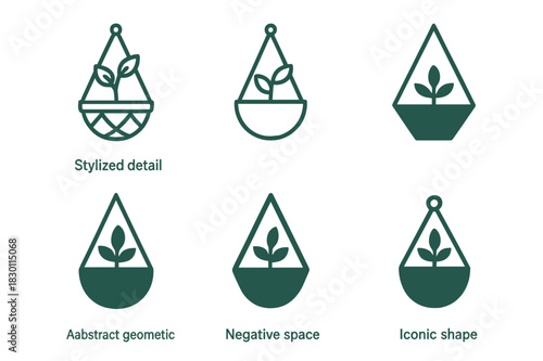 Potted Plant Logo Variations. potted plants. Icon set. Set Logo of potted plants: hanging planter. harmonious logo variations of the same emblematic concept,