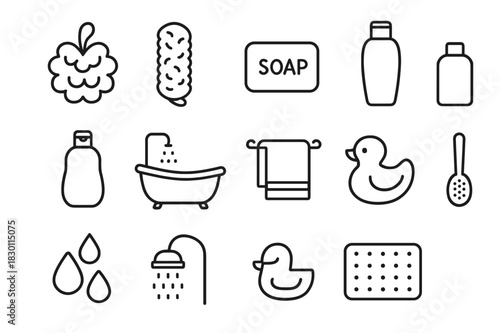 Minimalist Spa Icon Set. Spa day essentials. Line icon set of Spa day essentials: bath sponge, loofah, soap bar, shampoo bottle, shower gel bottle, bathtub,