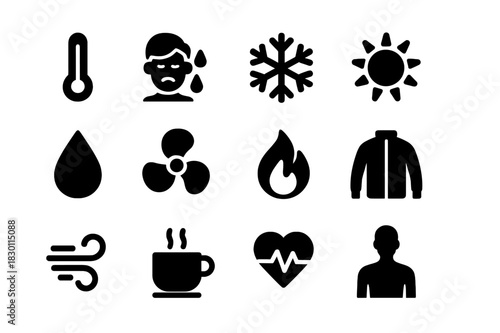 Body Temperature Icons. Body temperature regulation. Solid icon set of body temperature regulation: thermometer, sweating person, snowflake, sun, water