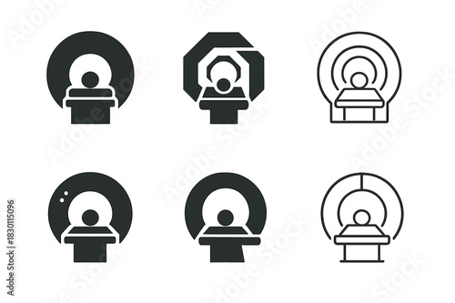 CT Scan Logo Variations. ct scan. Icon set. Set Logo of ct scan: circular scanner and patient table. harmonious logo variations of the same emblematic concept,