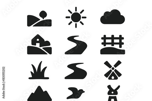 Rolling Hills Icon Set. Rolling hills. Solid icon set of rolling hills: curved hill, tree, sun, cloud, farmhouse, winding road, fence, grass, river, bird,