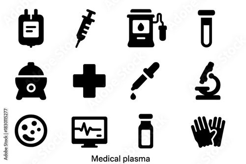 Medical Plasma Icons. Medical plasma. Solid icon set of Medical plasma: blood bag, syringe, plasma separator, test tube, centrifuge, medical cross, dropper,