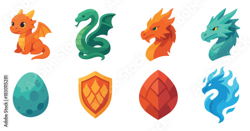 Dragon and snake heads, fire and eggs, flat vector illustration, fantasy creatures