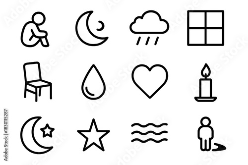 Loneliness Iconography. Loneliness. Line icon set of loneliness: single figure, moon, rain cloud, window, empty chair, teardrop, heart, candle, night sky,