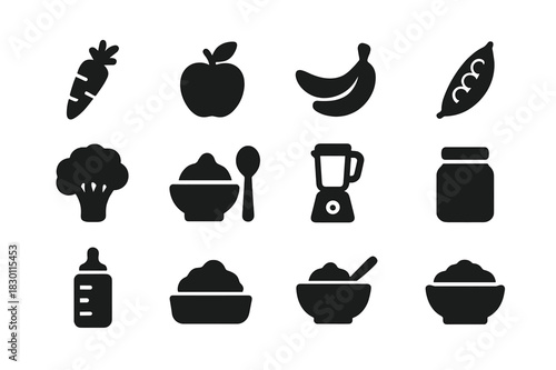 Nutritious Baby Food Icons. Nutritious baby food. Solid icon set of Nutritious baby food: carrot, apple, banana, peas, broccoli, mashed sweet potato, baby