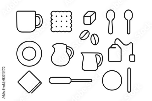 Coffee Break Icons. Coffee break items. Line icon set of Coffee break items: coffee mug, biscuit, sugar cube, spoon, saucer, coffee beans, milk jug, tea bag,