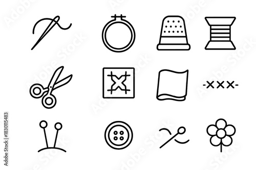 Embroidery Icon Set. Embroidery and stitching. Line icon set of embroidery and stitching: needle, thread, hoop, thimble, spool, scissors, pattern, fabric,