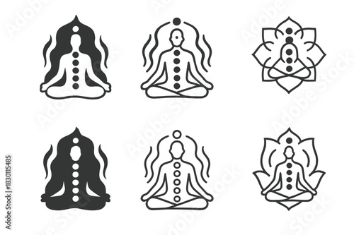 Meditation Energy Flow Icons. person in meditation with energy flow. Icon set. Set Logo of person in meditation with energy flow: aura and chakra alignment