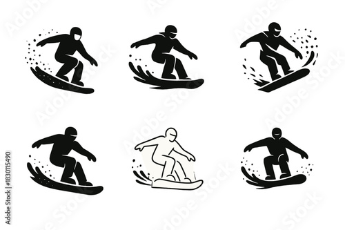 Snowboarding Logo Variations. snowboarding. Icon set. Set Logo of snowboarding: snowboarding silhouette with snow spray. harmonious logo variations of the same