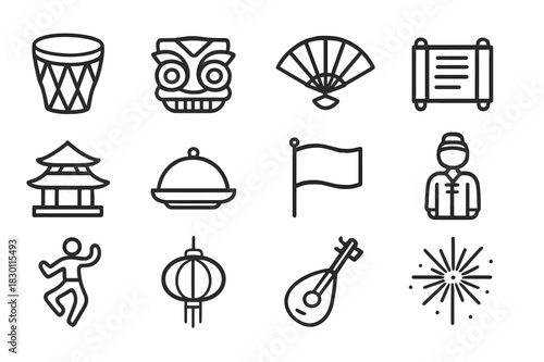 Global Traditions Icons. Global traditions. Line icon set of global traditions: drum, mask, fan, scroll, temple, food dish, flag, costume, dance pose, lantern,