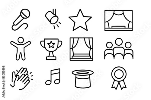 Talent Show Icons. Talent show. Line icon set of talent show: microphone, spotlight, star, stage, performer, trophy, curtain, audience, applause, note, hat,