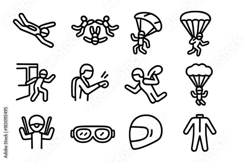 Skydiving Icon Set. Skydiving maneuvers. Line icon set of Skydiving maneuvers: freefall, formation flying, canopy turn, swoop landing, exit from airplane,