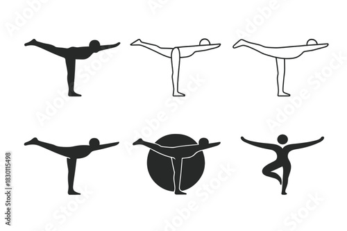 Body Balance Logos. body balance pose. Icon set. Set Logo of body balance pose: warrior III stance silhouette. harmonious logo variations of the same