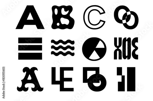 Abstract Letter Icons. Experimental Lettering. Solid icon set of abstract letters, distorted font, bold text, outline letters, rotated characters, stacked