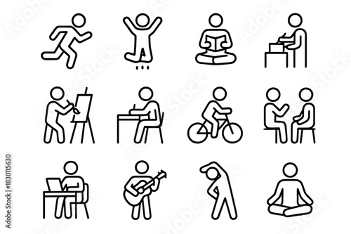 Activity Icons Grid. Doing activities. Line icon set of doing activities: running, jumping, reading, cooking, painting, writing, cycling, talking, working,