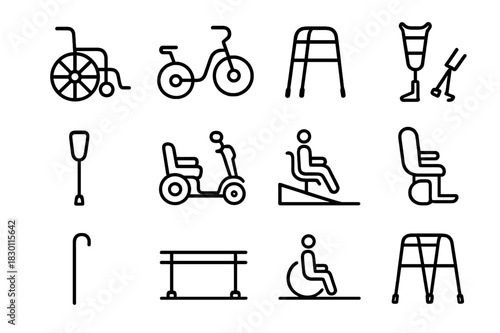 Adaptive Mobility Icons. Adaptive Mobility. Line icon set of Adaptive Mobility: wheelchair, handcycle, walker, crutches, prosthetic leg, mobility scooter,