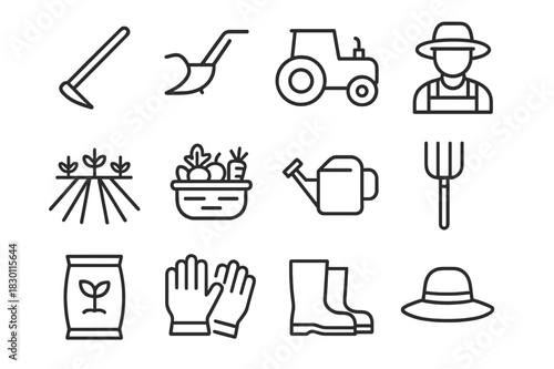 Agri Labor Icons. Agri Labor Icons. Line icon set of Agri Labor Icons: hoe, plow, tractor, farmer with hat, crop field, basket of produce, watering can,