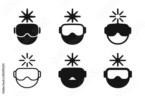 AI Creativity Icons. AI in creative industries. Icon set. Set Logo of AI in creative industries: VR headset projecting creative spark icons. harmonious logo