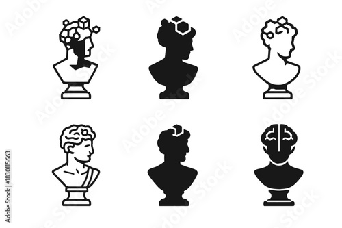 AI Logo Variations. AI in creative industries. Icon set. Set Logo of AI in creative industries: 3D sculpture bust with voxel brain. harmonious logo variations