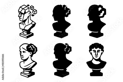 AI Logo Variations. AI in creative industries. Icon set. Set Logo of AI in creative industries: 3D sculpture bust with voxel brain. harmonious logo variations
