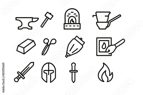Ancient Metalwork Icons. Ancient metallurgy. Line icon set of ancient metallurgy: anvil, hammer, furnace, crucible, ingot, tongs, bellows, mold, sword, helmet,