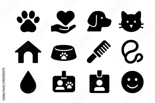 Animal Shelter Icons. Animal Shelter Volunteering. Solid icon set of Animal Shelter Volunteering: paw print, heart, hand, dog, cat, house, food bowl, brush,