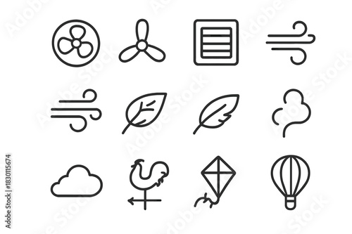 Airflow Icon Set. Airflow Devices. Line icon set of Airflow Devices: fan, propeller, air vent, wind swirl, gust, leaf blowing, feather, smoke trail, cloud,