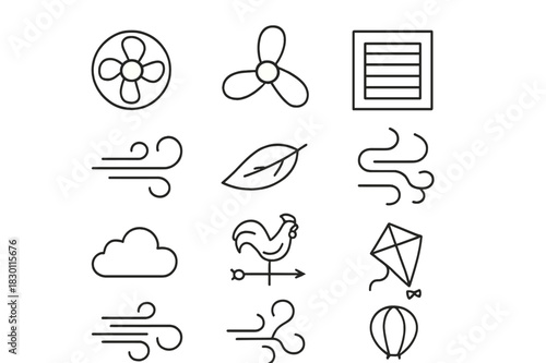 Airflow Icon Set. Airflow Devices. Line icon set of Airflow Devices: fan, propeller, air vent, wind swirl, gust, leaf blowing, feather, smoke trail, cloud,