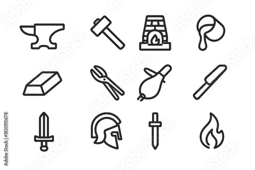 Ancient Metalwork Icons. Ancient metallurgy. Line icon set of ancient metallurgy: anvil, hammer, furnace, crucible, ingot, tongs, bellows, mold, sword, helmet,