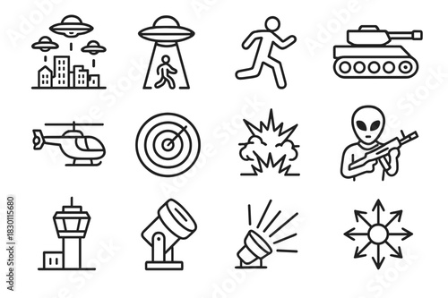 Alien Invasion Icons. Alien invasion. Line icon set of alien invasion: UFO fleet, city skyline, beam of light, fleeing human, tank, helicopter,