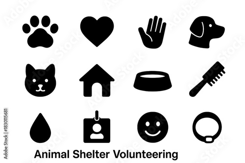 Animal Shelter Icons. Animal Shelter Volunteering. Solid icon set of Animal Shelter Volunteering: paw print, heart, hand, dog, cat, house, food bowl, brush,