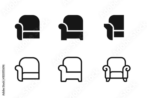 Armchair Logo Variations. Armchair armrest. Icon set. Set Logo of armchair design: retro armchair frame. harmonious logo variations of the same emblematic
