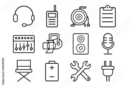 Backstage Equipment Icons. Backstage equipment. Line icon set of backstage equipment: headset, walkie-talkie, cable reel, clipboard, soundboard, spotlight,
