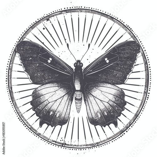 Detailed butterfly illustration inside a circular frame with radial lines