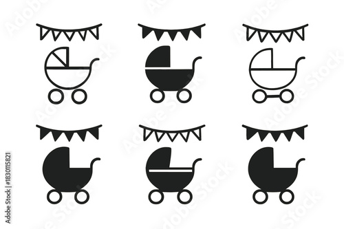 Baby Shower Icons. Baby shower party ideas and decorations. Icon set. Set Logo of baby shower party ideas and decorations: baby carriage under a hanging