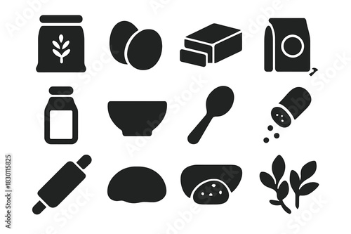 Baking Essentials Icons. Ingredients. Solid icon set of Ingredients: flour bag, eggs, butter, sugar, milk, rolling pin, bowl, spoon, spices, dough, filling