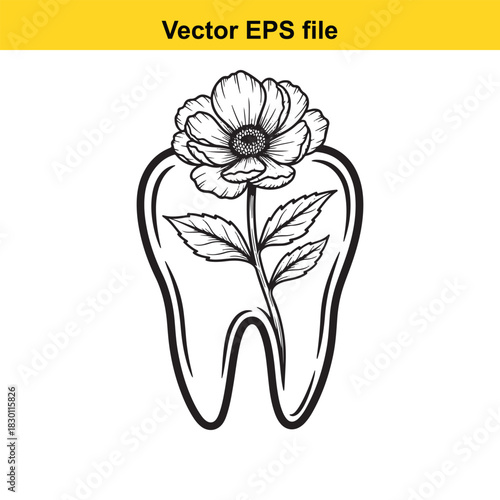 Black and white line art vector illustration of a blooming flower growing inside a human molar tooth, concept of natural dental health and organic care, isolated on white background