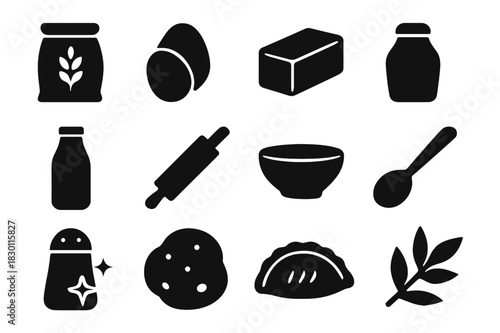 Baking Essentials Icons. Ingredients. Solid icon set of Ingredients: flour bag, eggs, butter, sugar, milk, rolling pin, bowl, spoon, spices, dough, filling