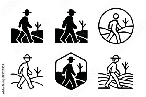 Barren Landscape Logos. Person walking through a barren landscape. Icon set. Set Logo of barren landscape: stylized lone walker icon. harmonious logo