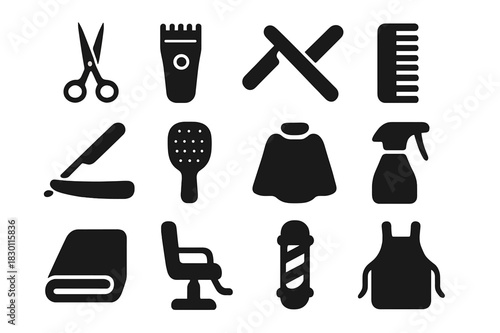 Barber Tools Icons. Barber tools. Solid icon set of Barber tools: scissors, clipper, razor, comb, straight razor, hair brush, neck cape, spray bottle, towel,