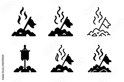 Battlefield Remains Logos. The remains of a battlefield with smoke rising into the sky. Icon set. Set Logo of battlefield remains: fallen banner in ashes.