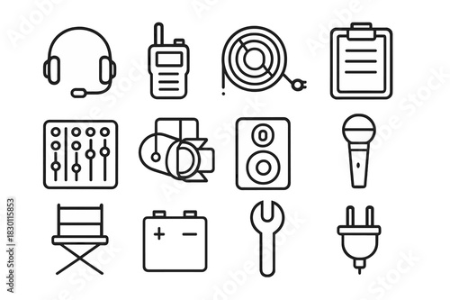 Backstage Equipment Icons. Backstage equipment. Line icon set of backstage equipment: headset, walkie-talkie, cable reel, clipboard, soundboard, spotlight,