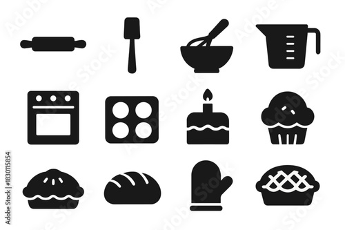 Baking Tools Icons. Baking tools. Solid icon set of Baking tools: rolling pin, spatula, mixing bowl, whisk, measuring cup, oven, baking tray, cake, muffin,