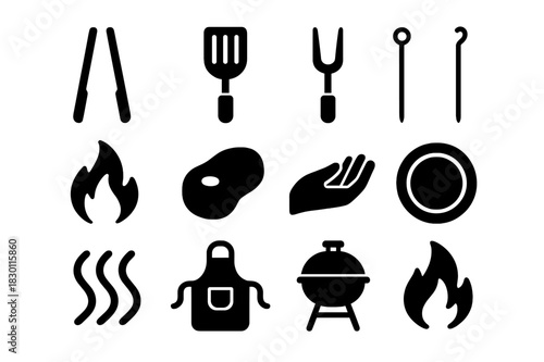 BBQ Tool Icons. BBQ tools. Solid icon set of BBQ tools: tongs, spatula, grill fork, skewer, flame, meat icon, hand icon, plate, heat waves, apron, grill, fire.