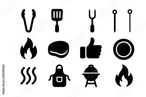 BBQ Tool Icons. BBQ tools. Solid icon set of BBQ tools: tongs, spatula, grill fork, skewer, flame, meat icon, hand icon, plate, heat waves, apron, grill, fire.