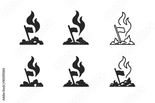Battlefield Remains Logos. The remains of a battlefield with smoke rising into the sky. Icon set. Set Logo of battlefield remains: fallen banner in ashes.