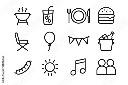 BBQ Party Icons. BBQ party. Line icon set of BBQ party: grill, drink, plate, burger, chair, balloon, bunting, ice bucket, sausage, sun, music note, friends