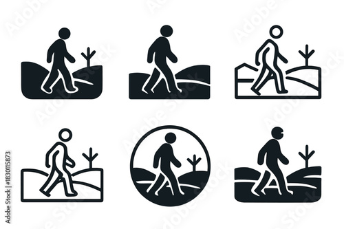 Barren Landscape Logos. Person walking through a barren landscape. Icon set. Set Logo of barren landscape: stylized lone walker icon. harmonious logo