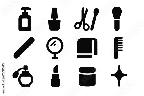 Beauty Supplies Icons. Beauty supplies. Solid icon set of beauty supplies: lotion bottle, nail polish, scissors, brush, nail file, mirror, towel, comb,