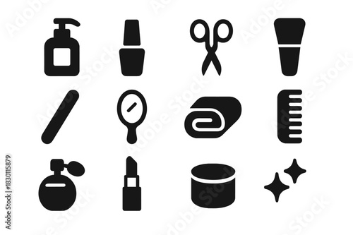 Beauty Supplies Icons. Beauty supplies. Solid icon set of beauty supplies: lotion bottle, nail polish, scissors, brush, nail file, mirror, towel, comb,